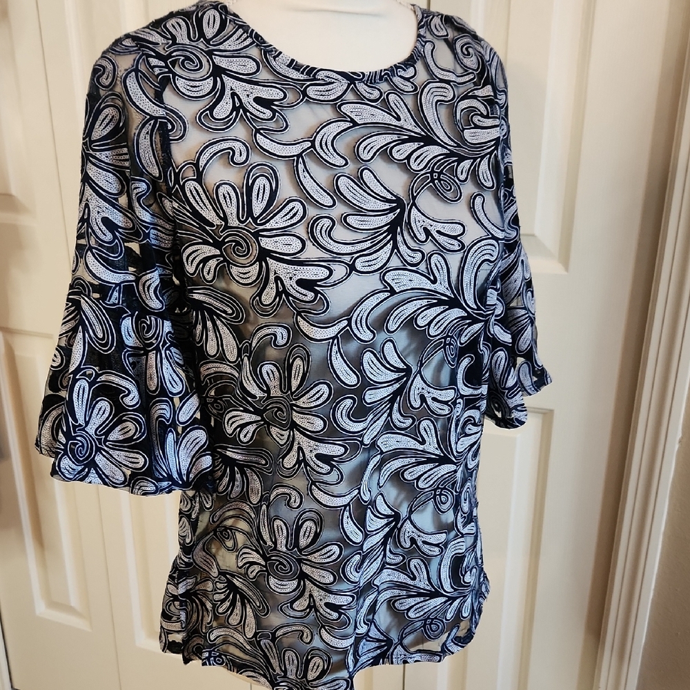 NY Collection, Elegant Black and White Floral Women's Top